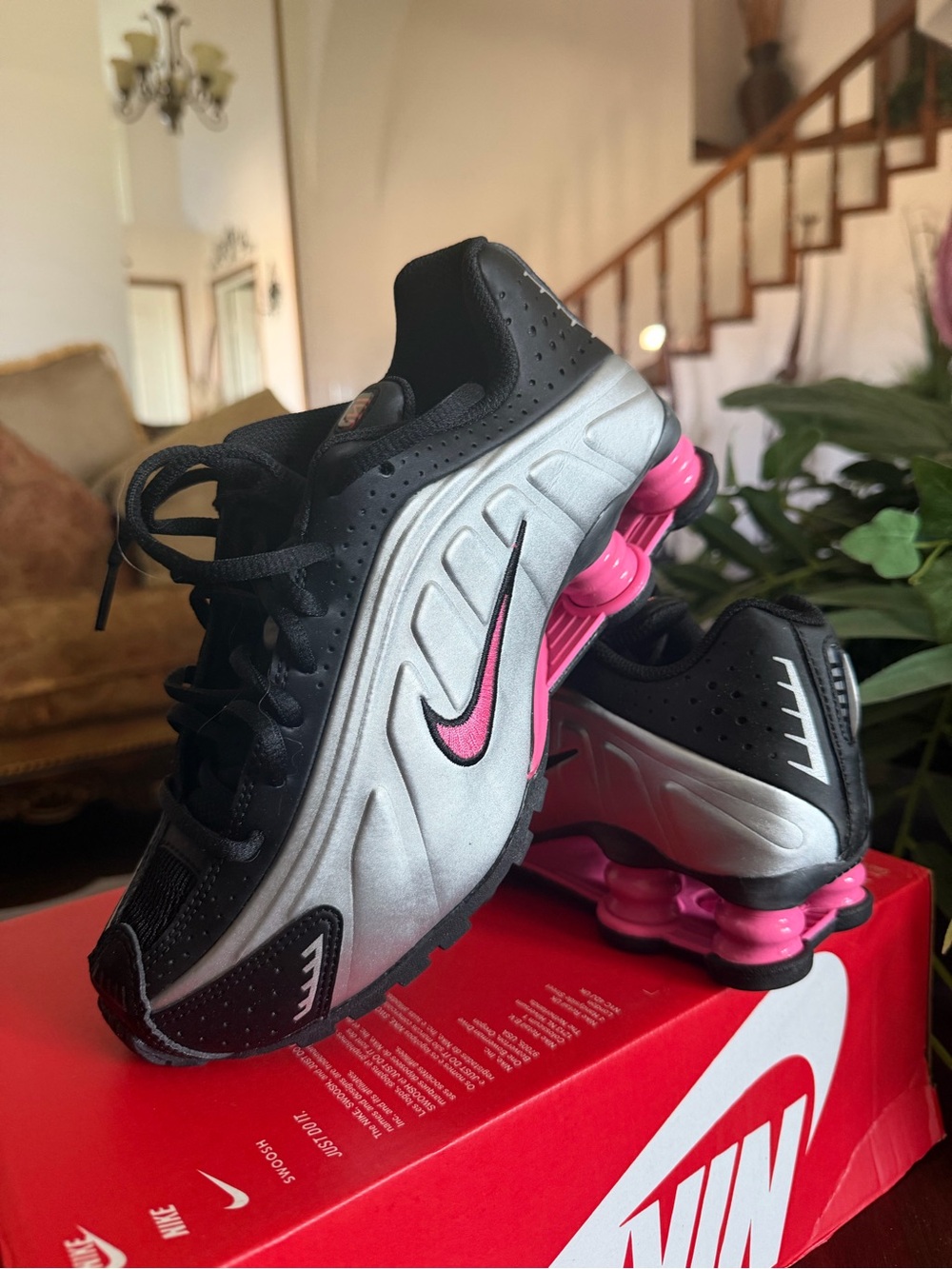 Nike Women's Shox Running Sneakers in Black, Silver & Pink